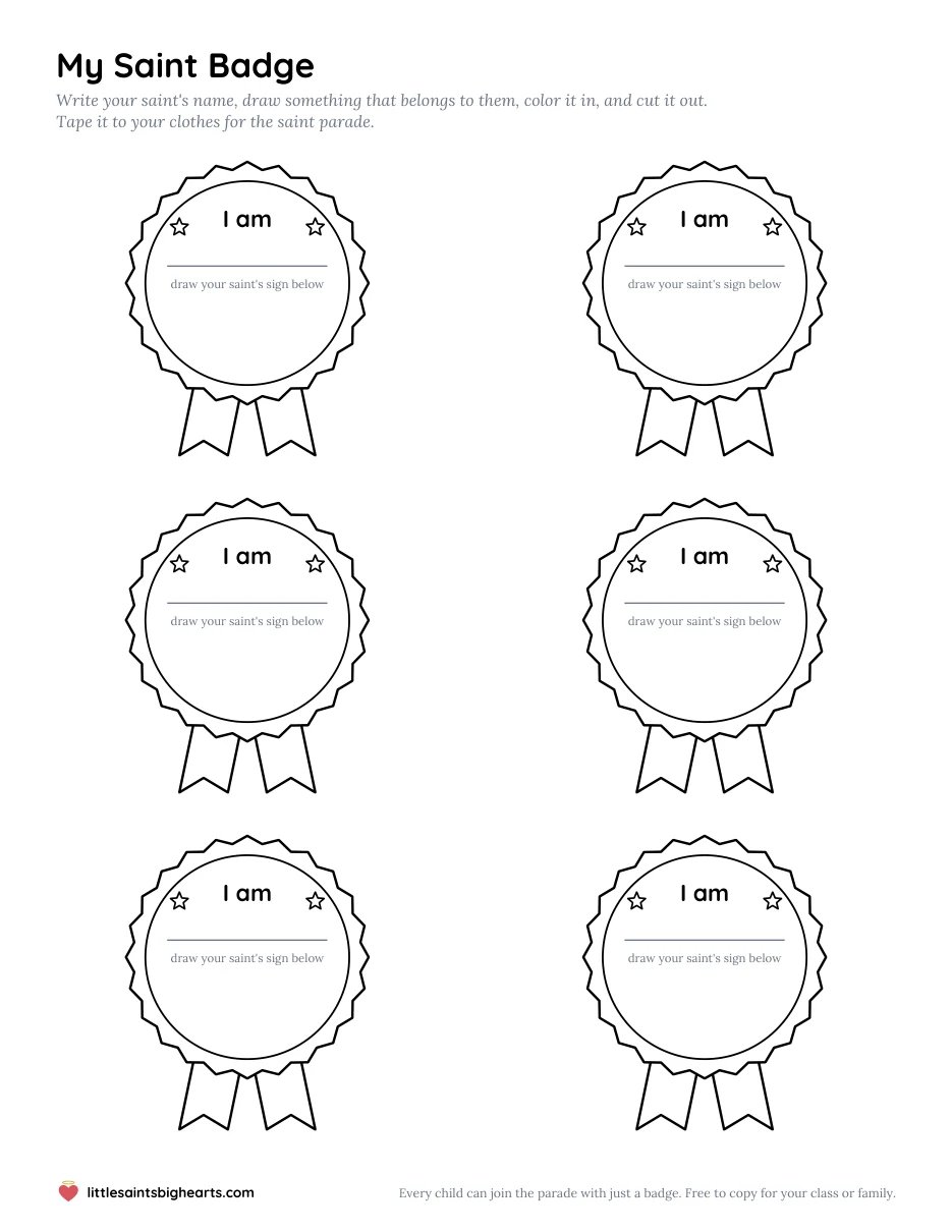 The All Saints Day classroom pack: six prize-ribbon saint badges reading “I am”, with a line for the saint's name and space to draw the saint's sign.