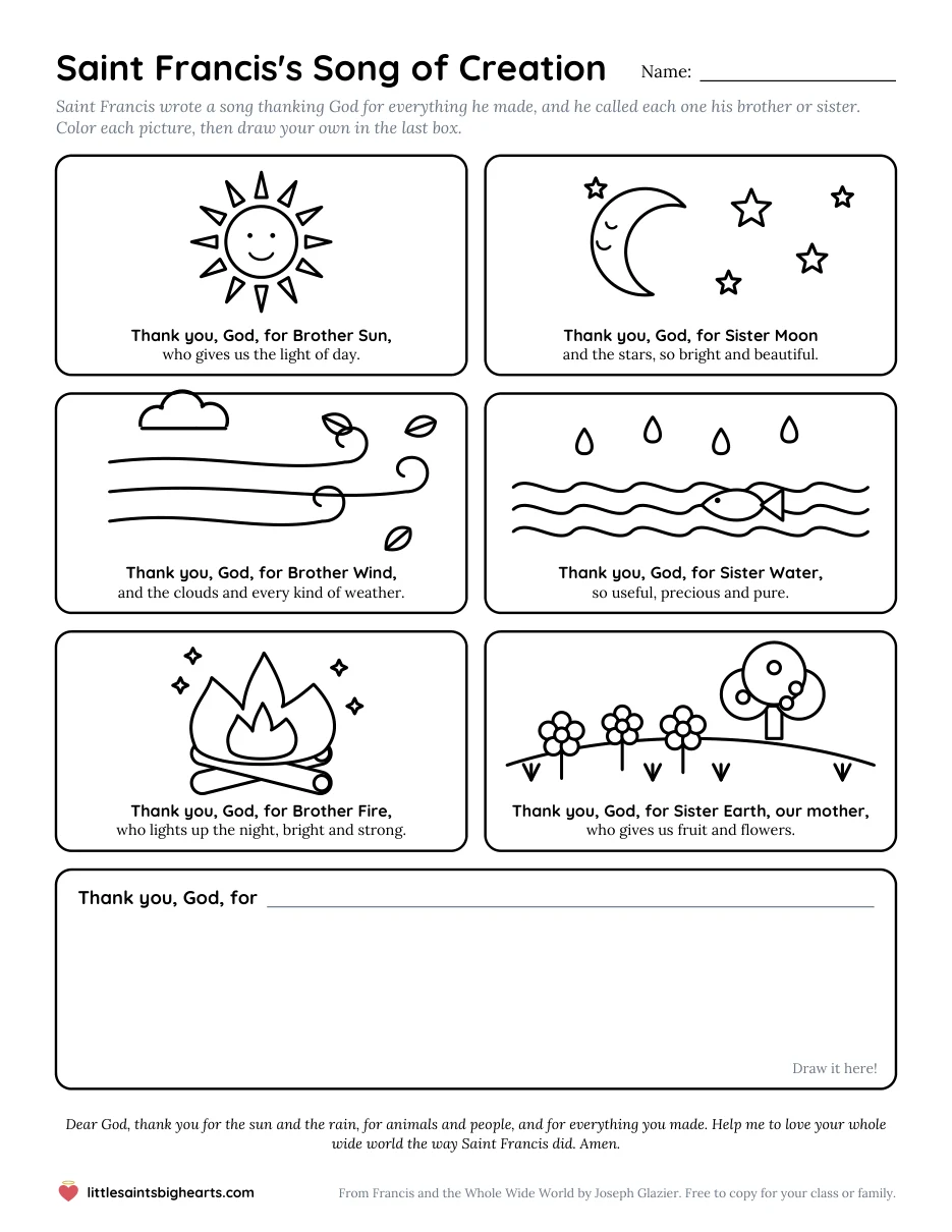 The Saint Francis Song of Creation coloring page: six pictures to color, Brother Sun, Sister Moon and the stars, Brother Wind, Sister Water, Brother Fire and Sister Earth, and a box to draw your own.
