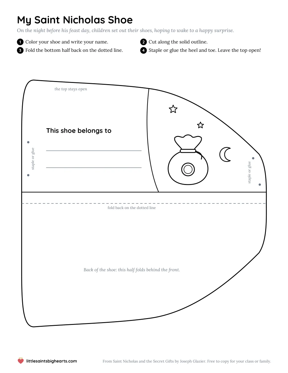 The Saint Nicholas Shoes printable: a wooden shoe to color, cut out and fold into a pocket, with a name line, a bag of gold, a moon and stars.
