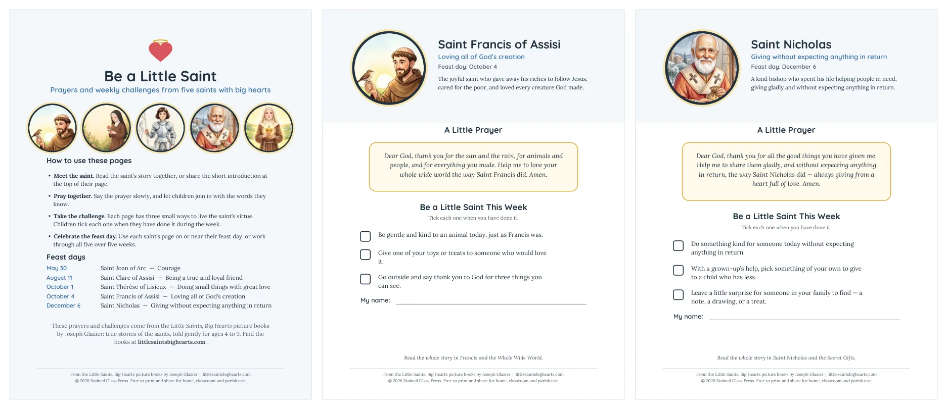 Three pages of the Be a Little Saint printable: the introduction page, Saint Francis's page and Saint Nicholas's page, each with a prayer and weekly challenges.