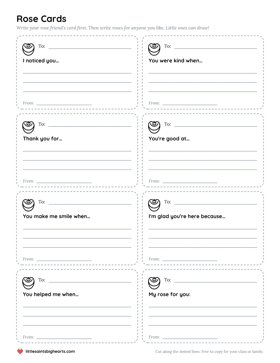 Rose cards from the Shower of Roses kindness pack, each with a small rose, a To and From line, and a sentence starter such as I noticed you, or You were kind when.